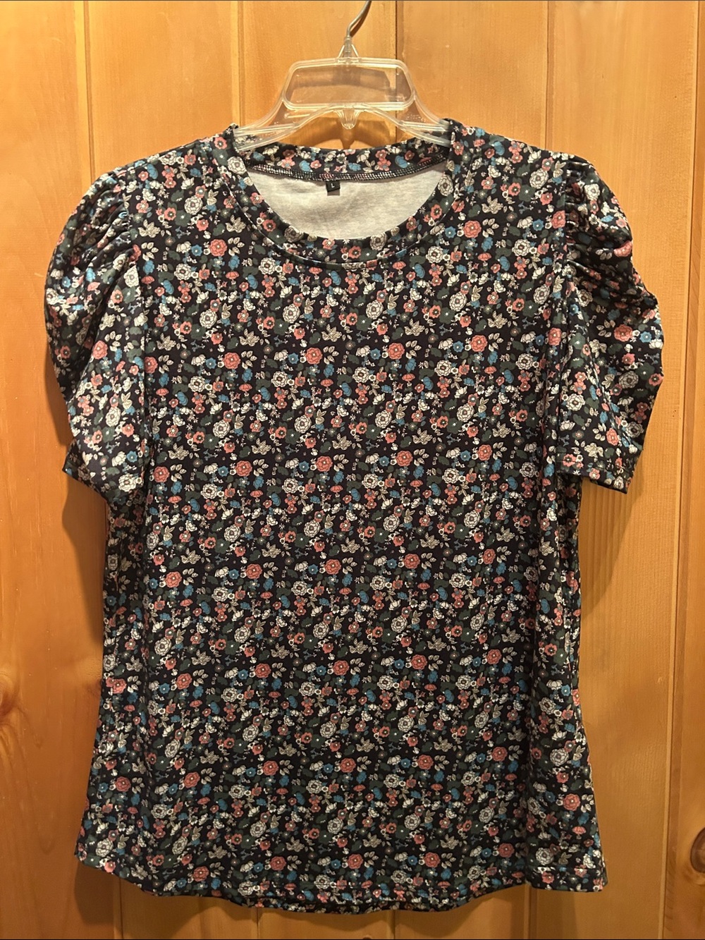 Women's Floral Puff-Sleeve Tee - Black with Pink & Blue Flowers